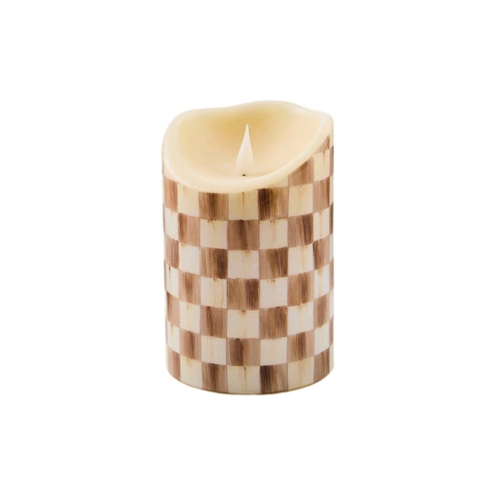 Mackenzie Child Mocha Check Flameless 6" Pillar candle in original Box New